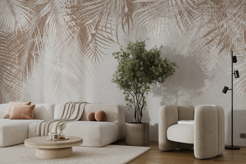 White and brown background with palm leaves White and brown background with palm leaves