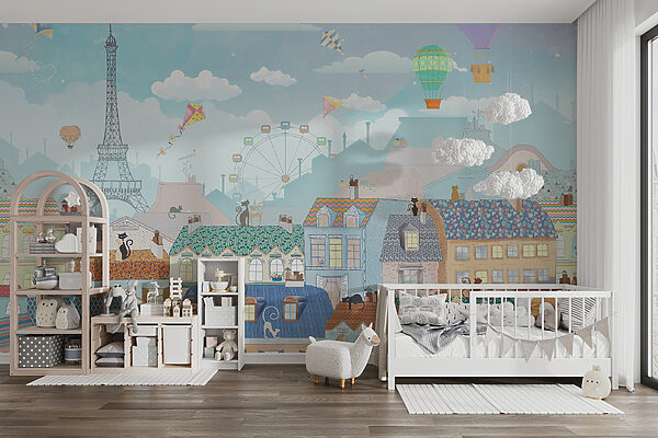 Cartoon city with many buildings and hot air balloons