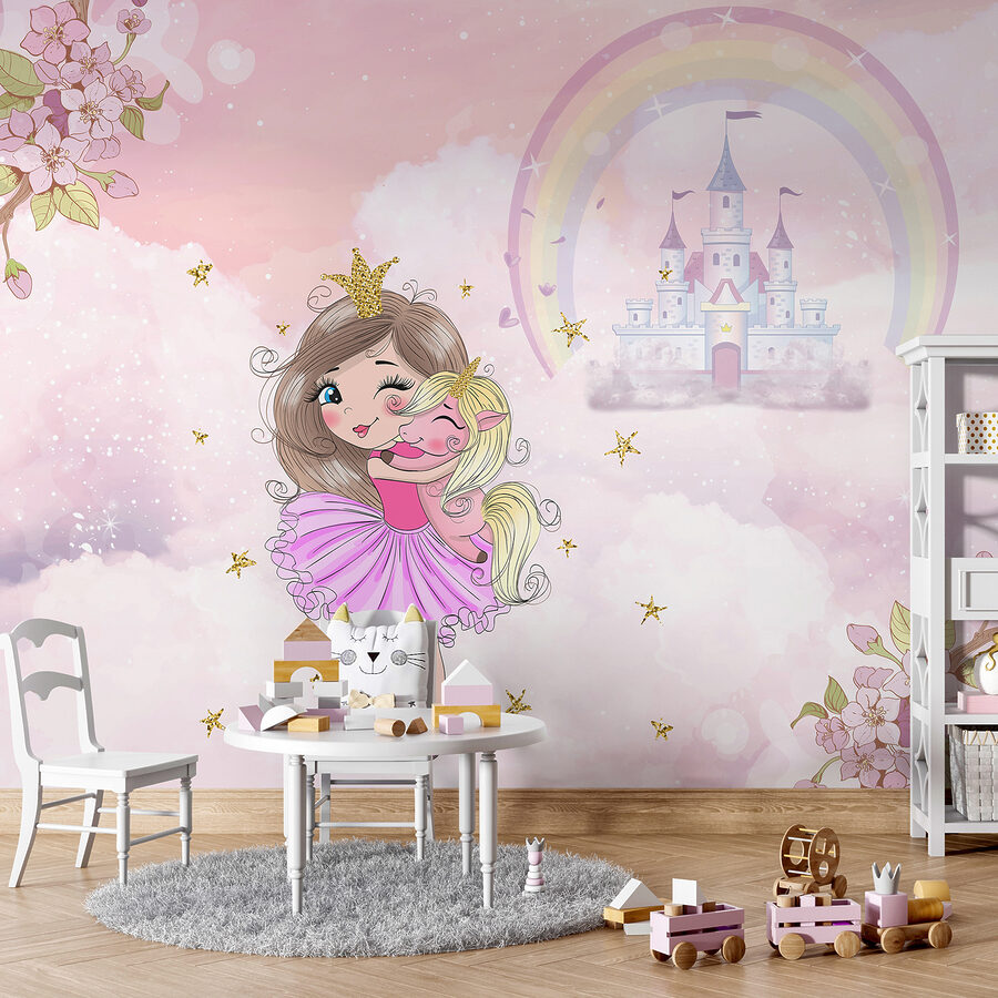 Cartoon of a girl hugging a little girl in a pink dress Cartoon of a girl hugging a little girl in a pink dress
