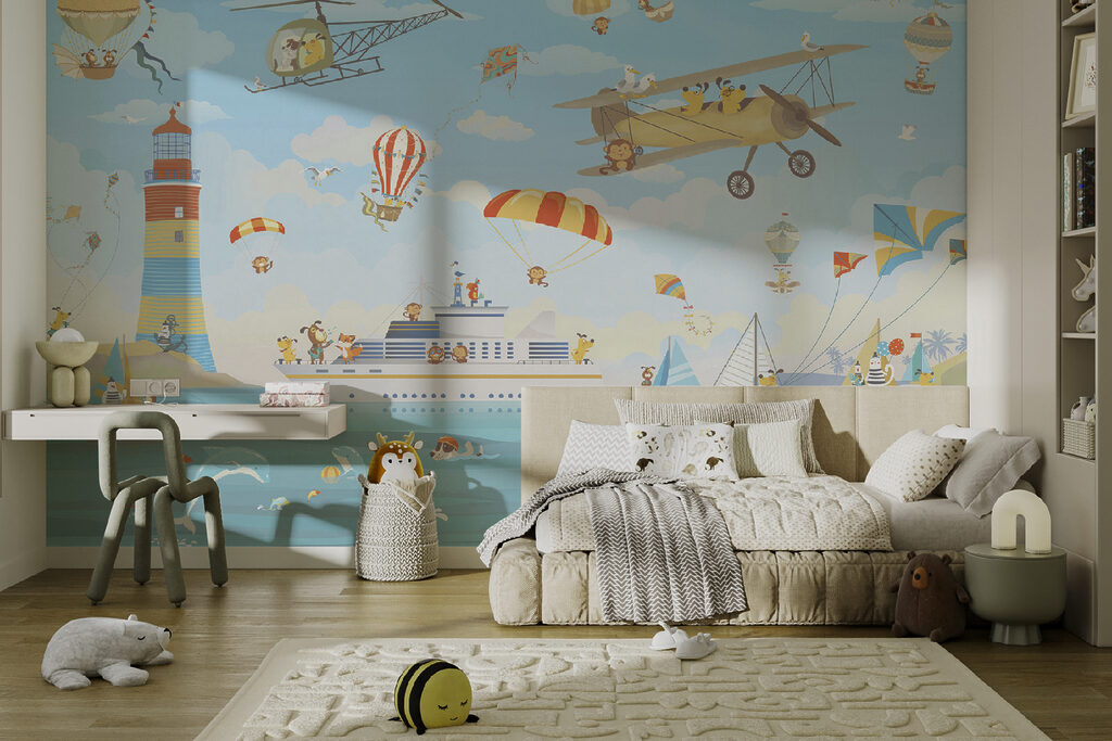 Cartoon animals flying over a boat Cartoon animals flying over a boat