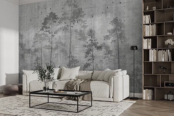 Grey wall with trees and birds Grey wall with trees and birds