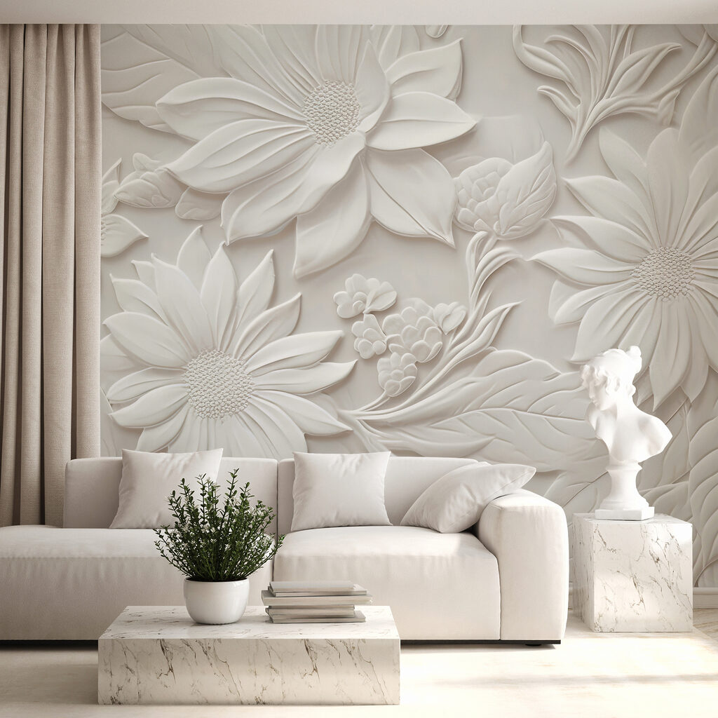 White wall with flowers and leaves