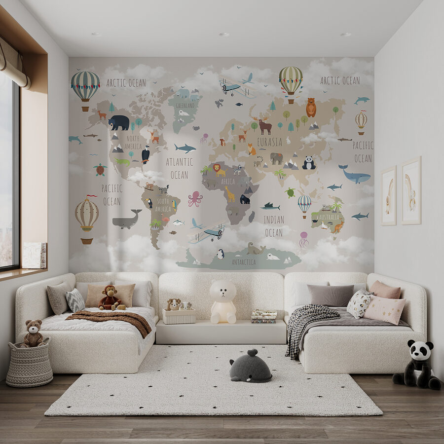 Map of the world with animals and birds