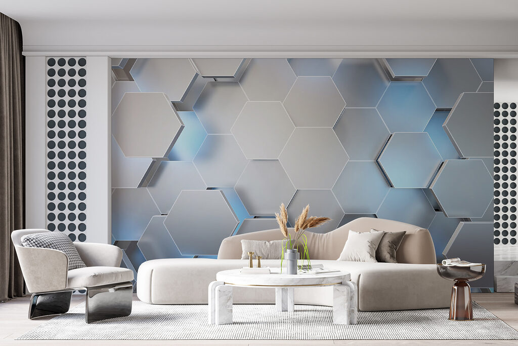 White hexagons with blue lights White hexagons with blue lights