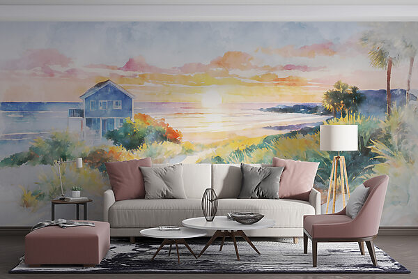 Watercolor painting of a house and a beach Watercolor painting of a house and a beach