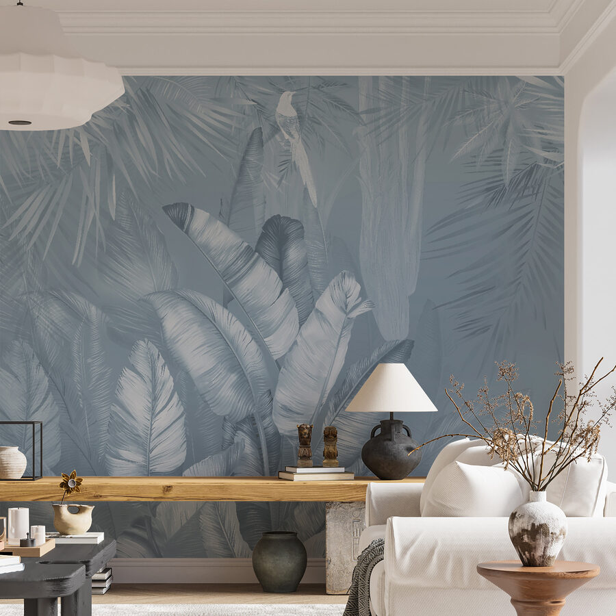 Serene jungle foliage in soft hues.