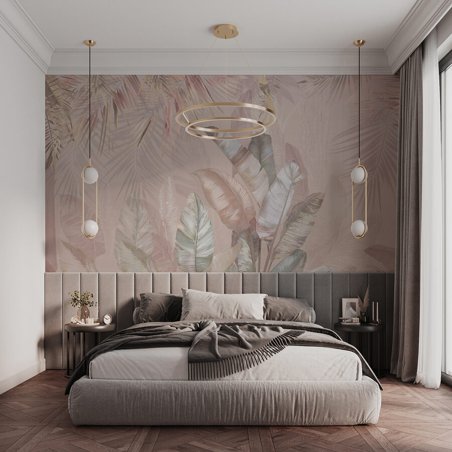 Tropical leaves in soft pastel hues.
