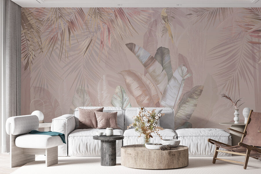 Tropical leaves in soft pastel hues.
