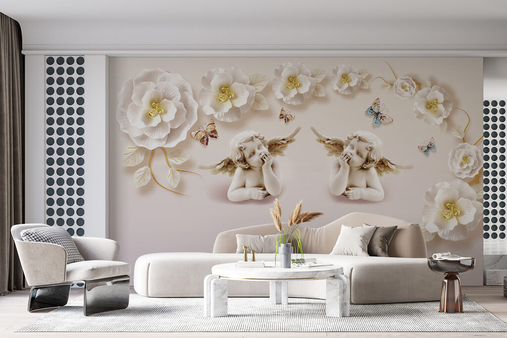 Group of angels with wings and flowers