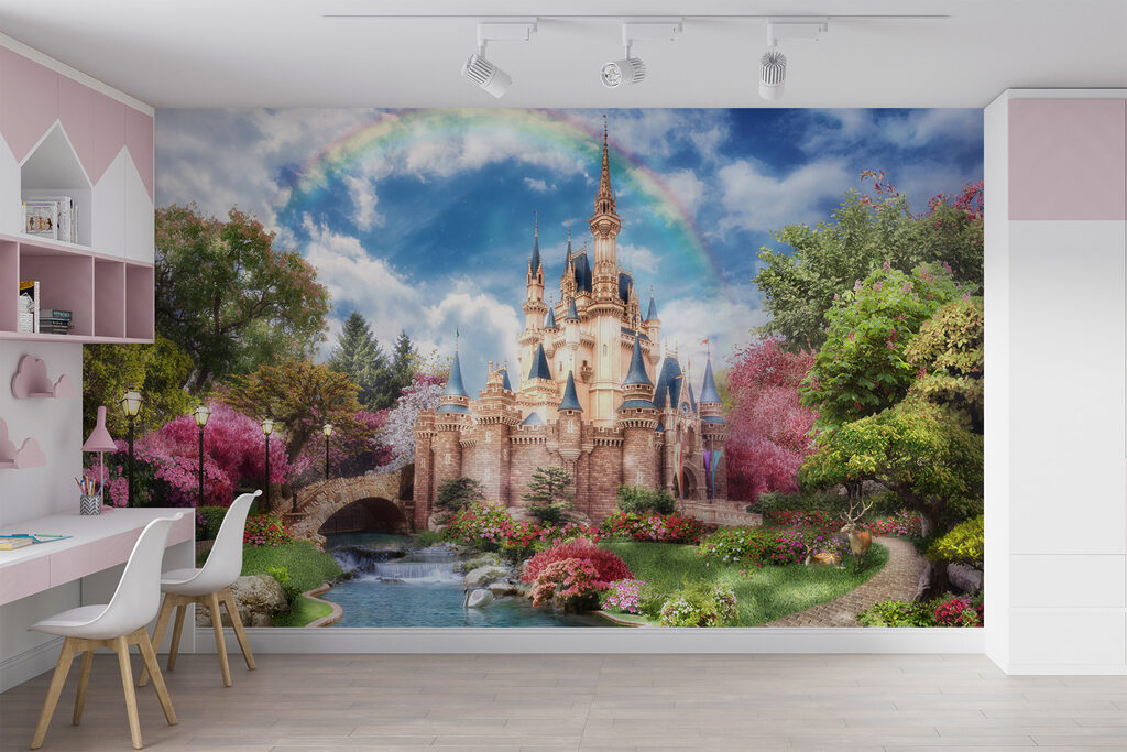 Castle with a pond and a rainbow