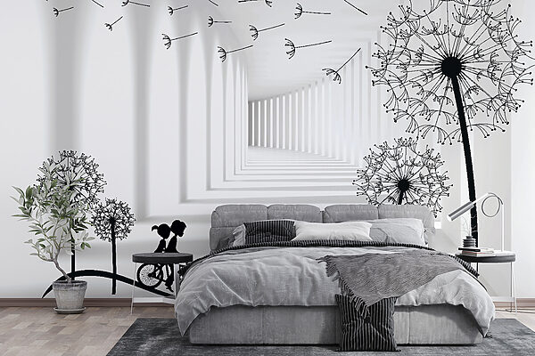 Girl riding a bike in a room with dandelions