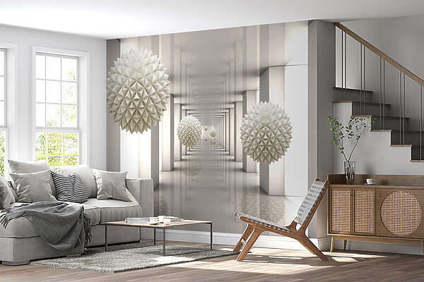 White room with white columns and white balls White room with white columns and white balls