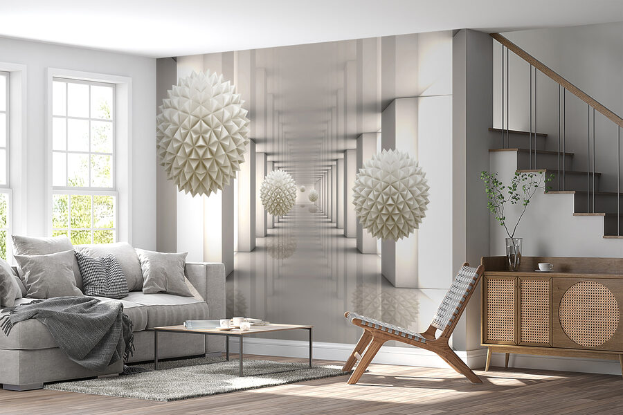White room with white columns and white balls