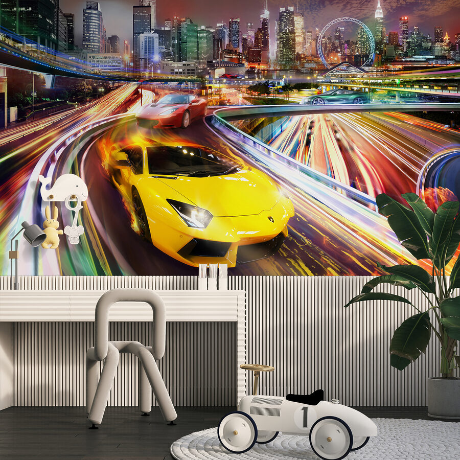 Wall murals Yellow and red sports cars on a road with a city in the background - Image 6