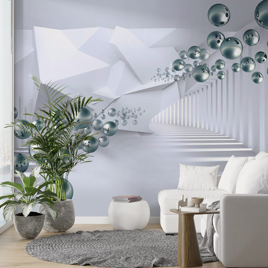 Wall murals White room with white walls and white columns and silver balls - Image 6
