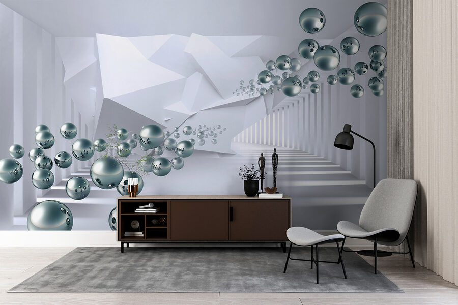 Wall murals White room with white walls and white columns and silver balls - Image 7
