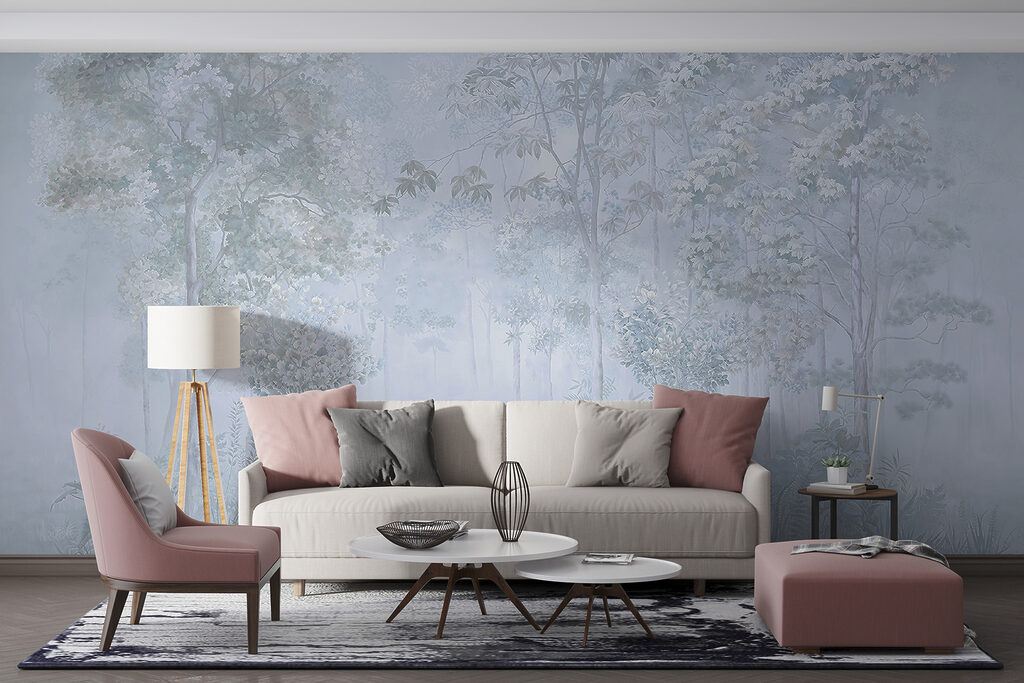 Foggy forest with trees and plants