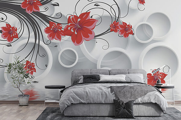 Wallpaper with red flowers and white circles