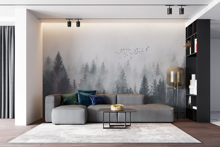 Wall murals Group of birds flying over a forest - Image 2