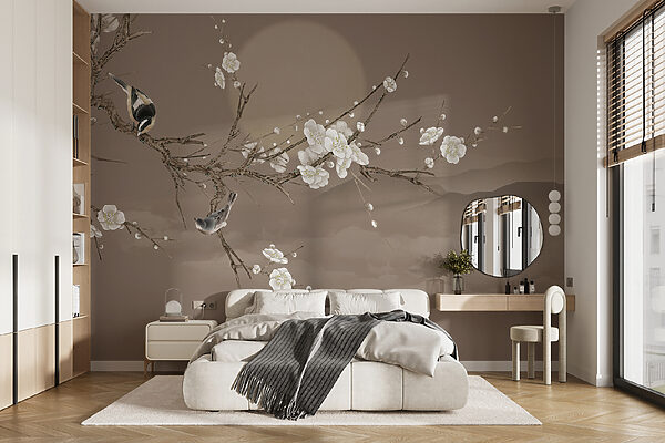 Tree branch with white flowers and a bird on it Tree branch with white flowers and a bird on it