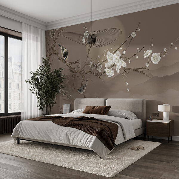 Tree branch with white flowers and a bird on it Tree branch with white flowers and a bird on it