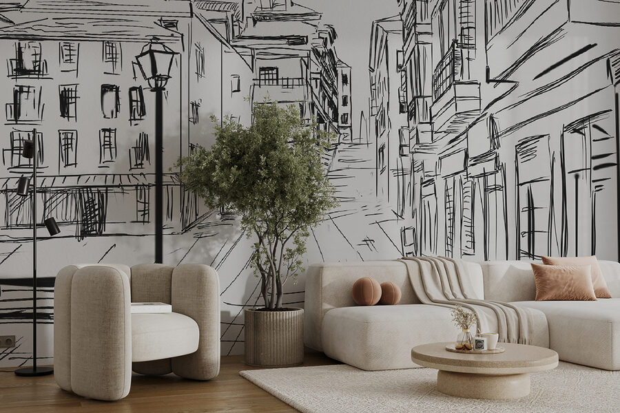 Wall murals Drawing of a street with buildings - Image 2