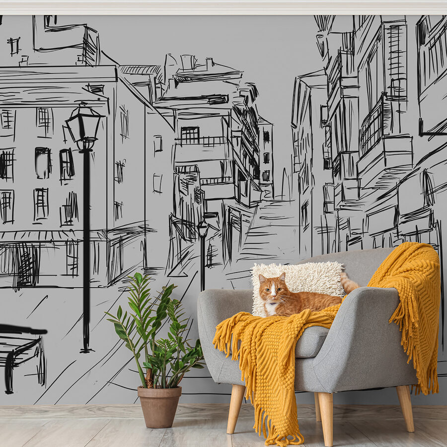 Wall murals Drawing of a street with buildings - Image 3