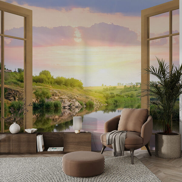 Window with a view of a river and a grassy hill Window with a view of a river and a grassy hill