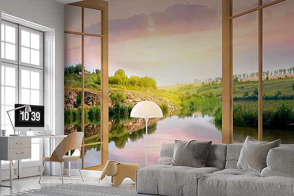 Window with a view of a river and a grassy hill Window with a view of a river and a grassy hill