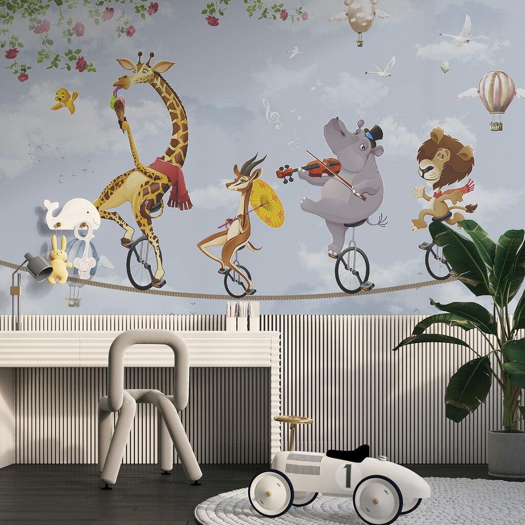 Group of animals riding unicycle