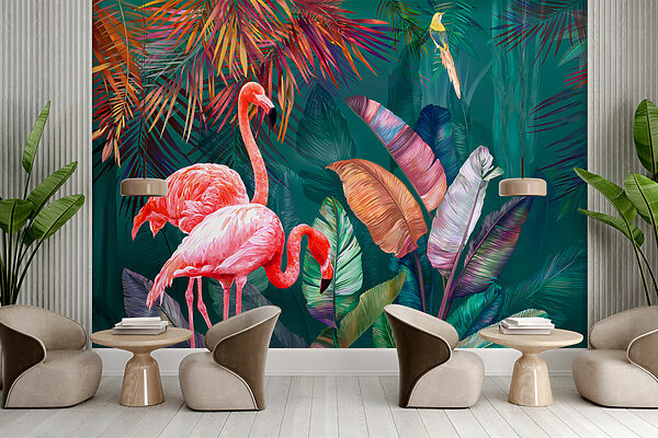 Flamingos and colorful leaves Flamingos and colorful leaves