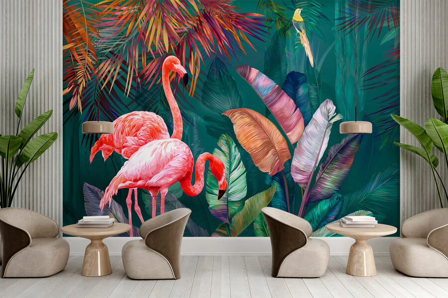 Flamingos and colorful leaves Flamingos and colorful leaves