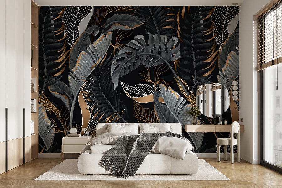 Lush tropical foliage with shimmering accents.