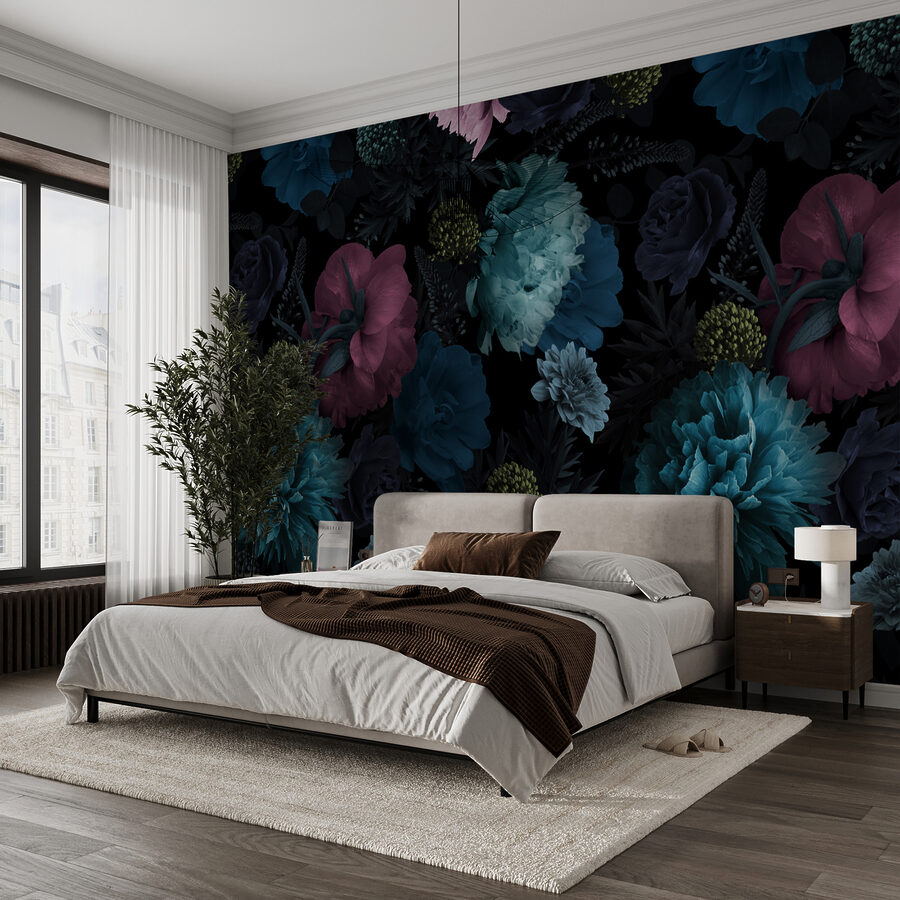 Vibrant floral pattern on black background.