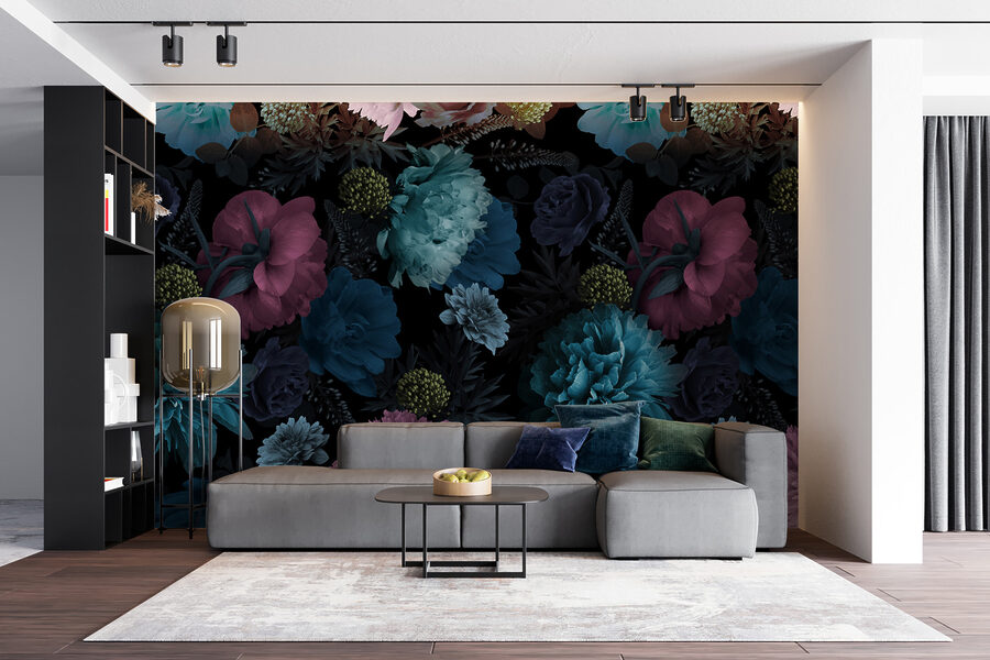 Vibrant floral pattern on black background.