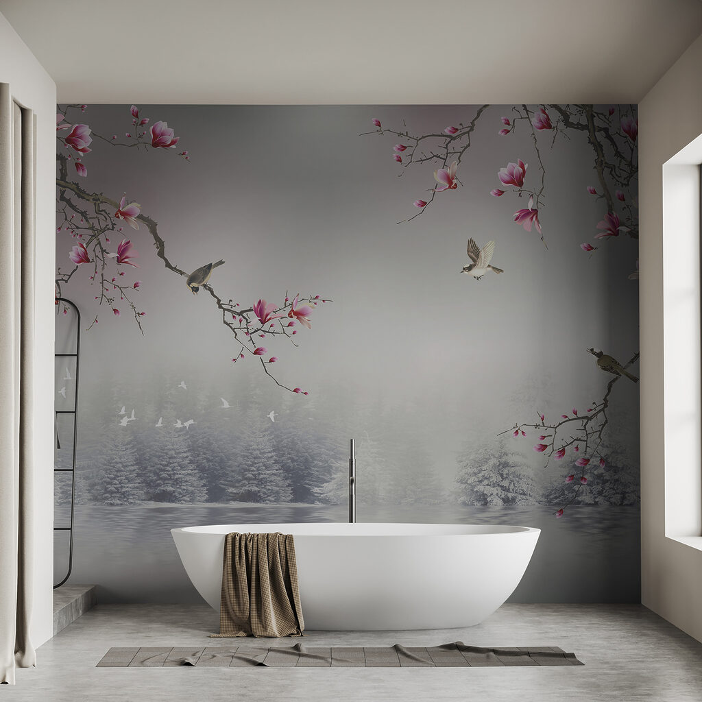 Tree branches with pink flowers and birds flying over water Tree branches with pink flowers and birds flying over water