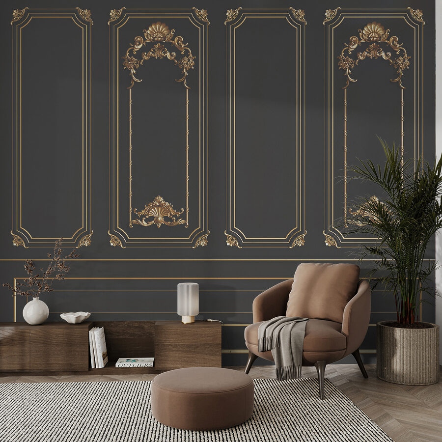 Elegant black panels with ornate accents.