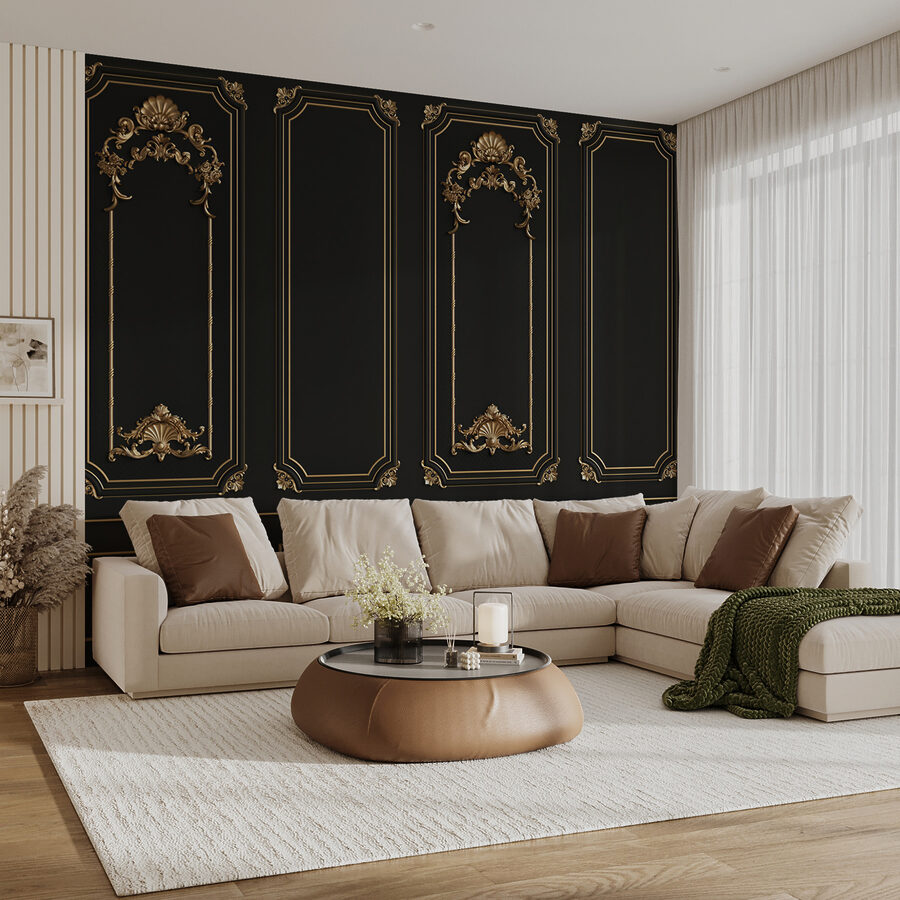 Elegant black panels with ornate accents.