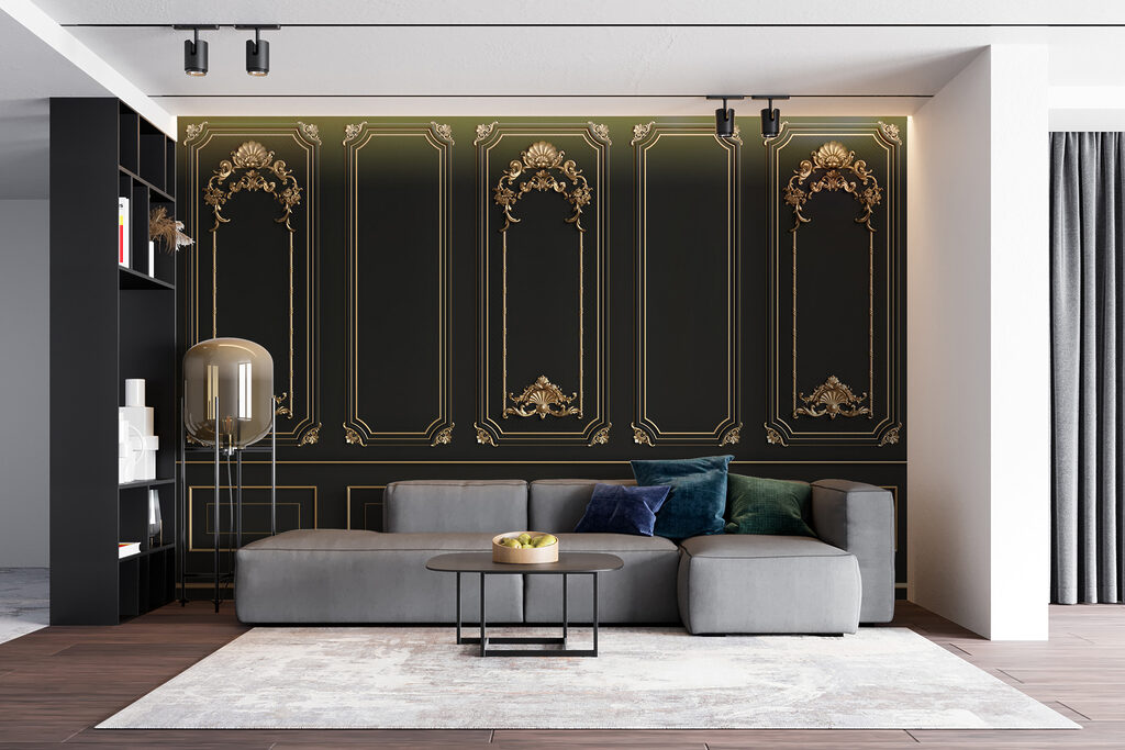 Elegant black panels with ornate accents Elegant black panels with ornate accents