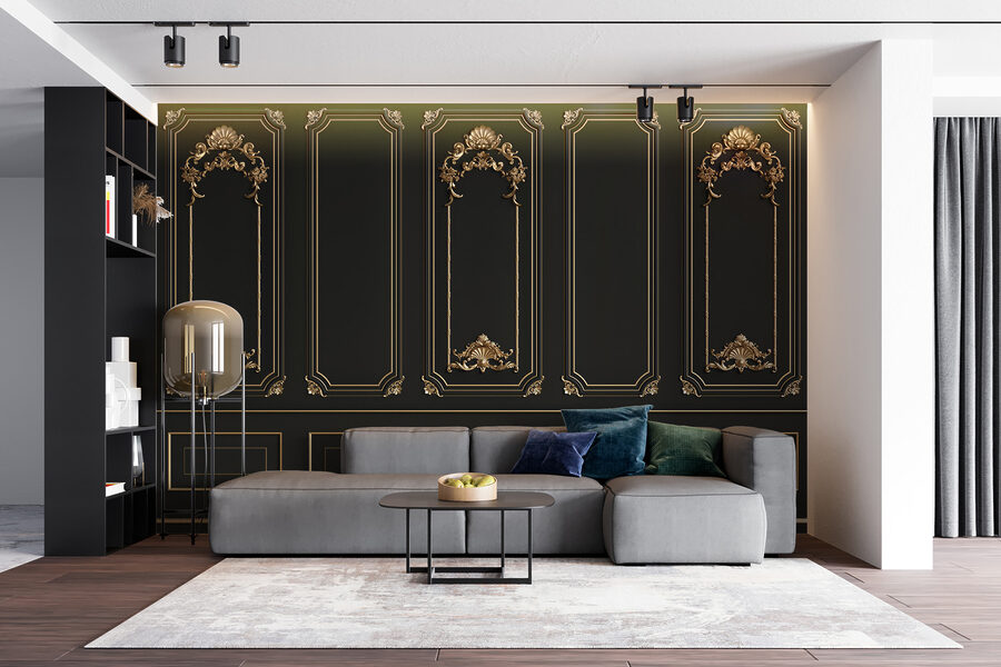 Elegant black panels with ornate accents.