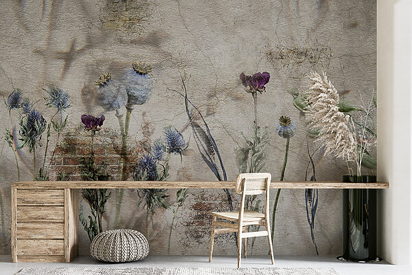 Wall with flowers and a brick wall Wall with flowers and a brick wall