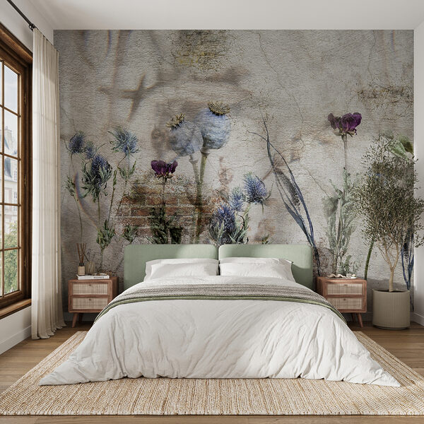 Wall with flowers and a brick wall Wall with flowers and a brick wall