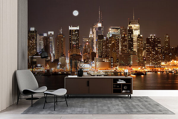 City skyline at night with the moon in the sky City skyline at night with the moon in the sky