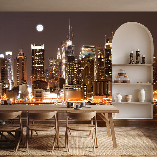 City skyline at night with the moon in the sky City skyline at night with the moon in the sky