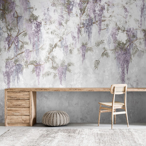 White wall with purple flowers White wall with purple flowers