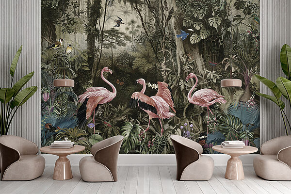 Group of pink flamingos in a forest Group of pink flamingos in a forest