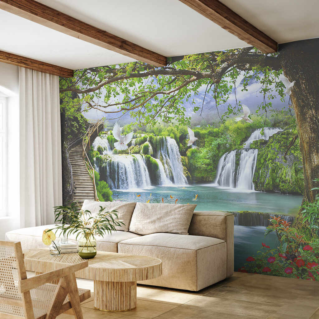 Waterfall with birds and a bridge Waterfall with birds and a bridge