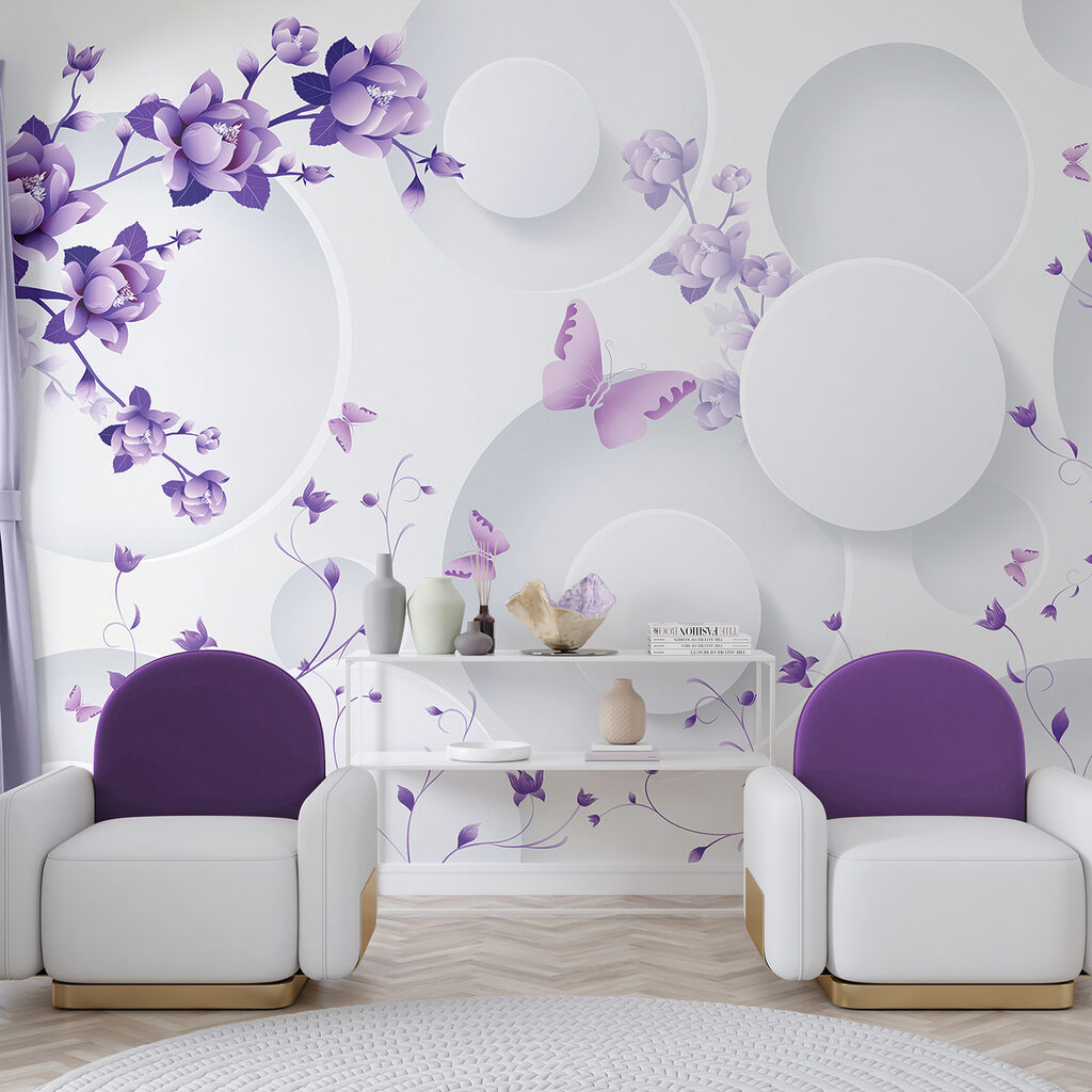 Purple flowers and white circles with purple butterflies Purple flowers and white circles with purple butterflies