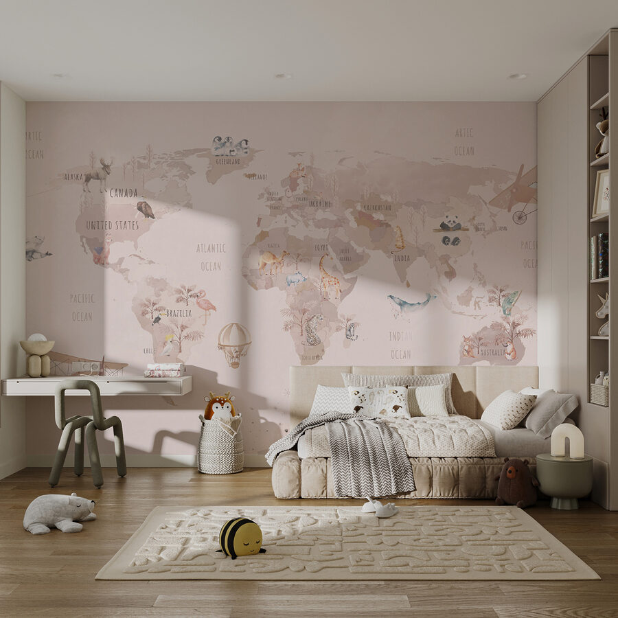Map of the world with animals and birds Map of the world with animals and birds