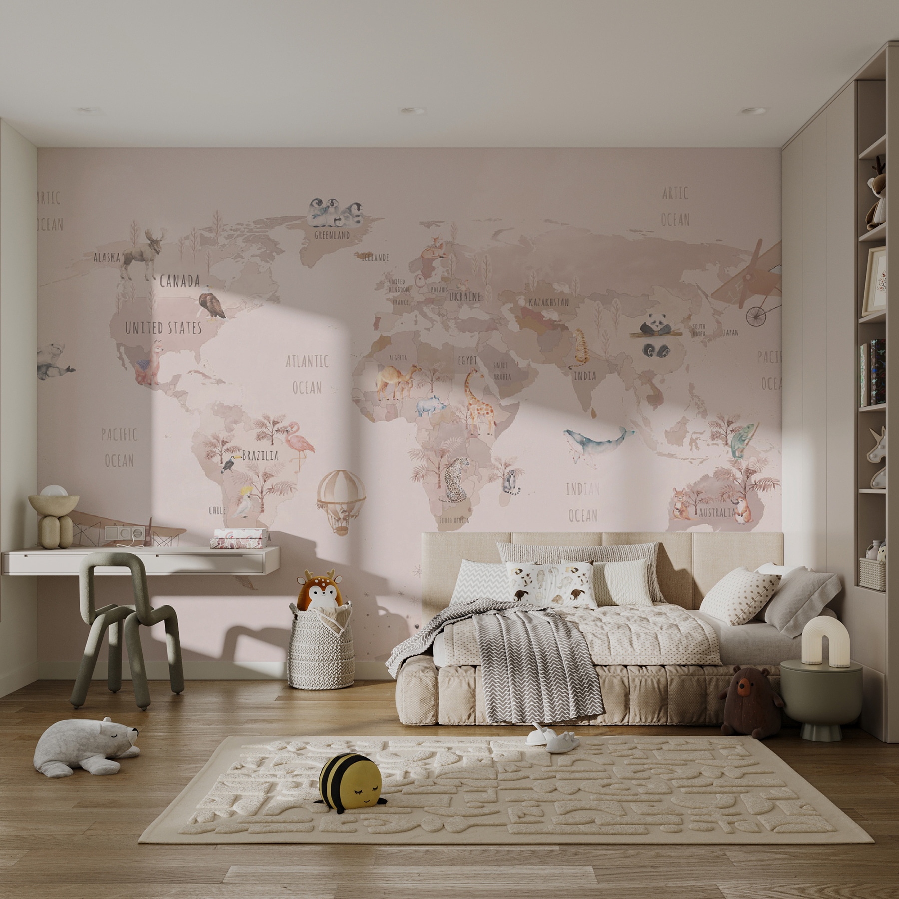 Map of the world with animals and birds Map of the world with animals and birds